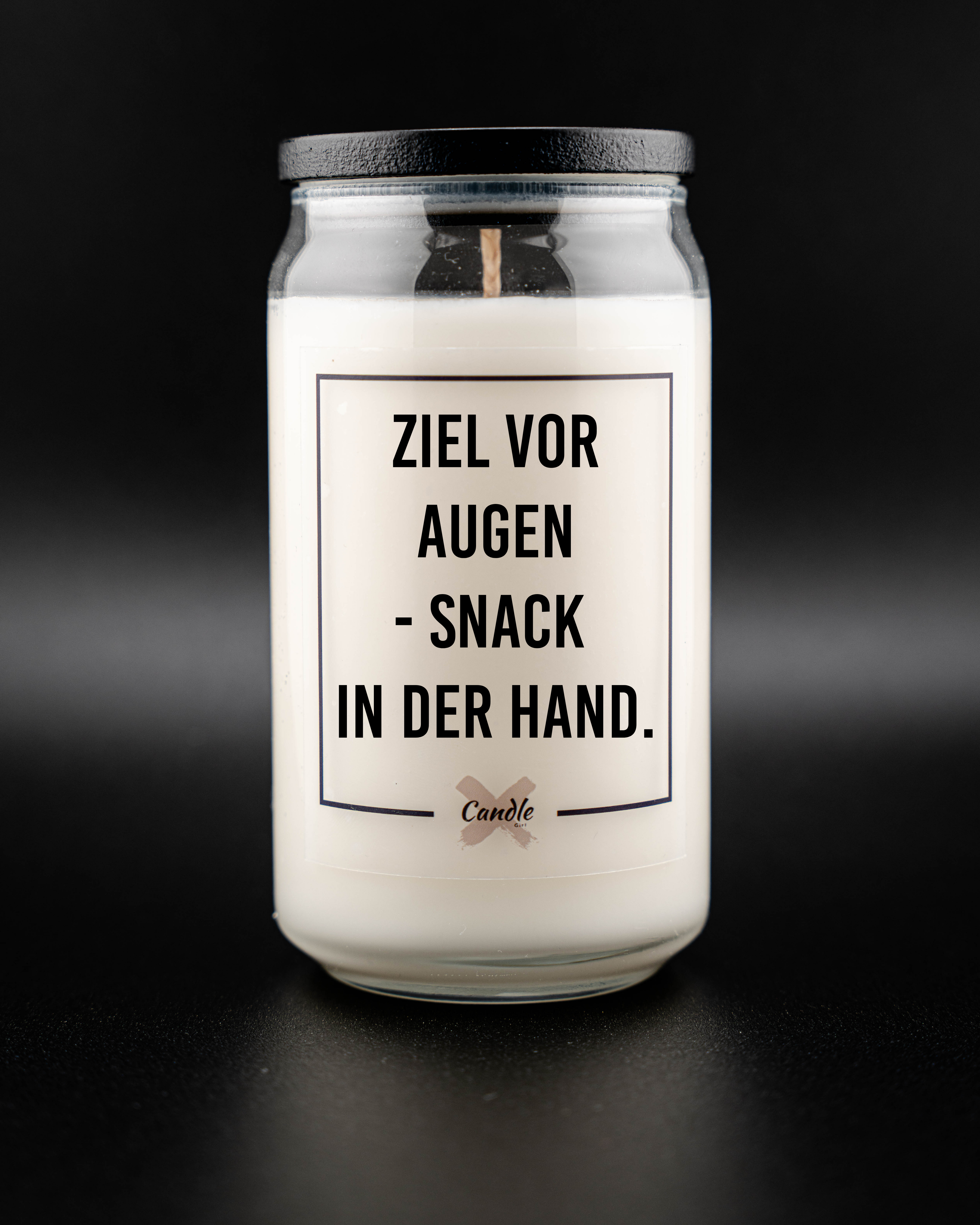 Kerze mit Spruch | ZIEL VOR AUGEN - SNACK IN DER HAND.